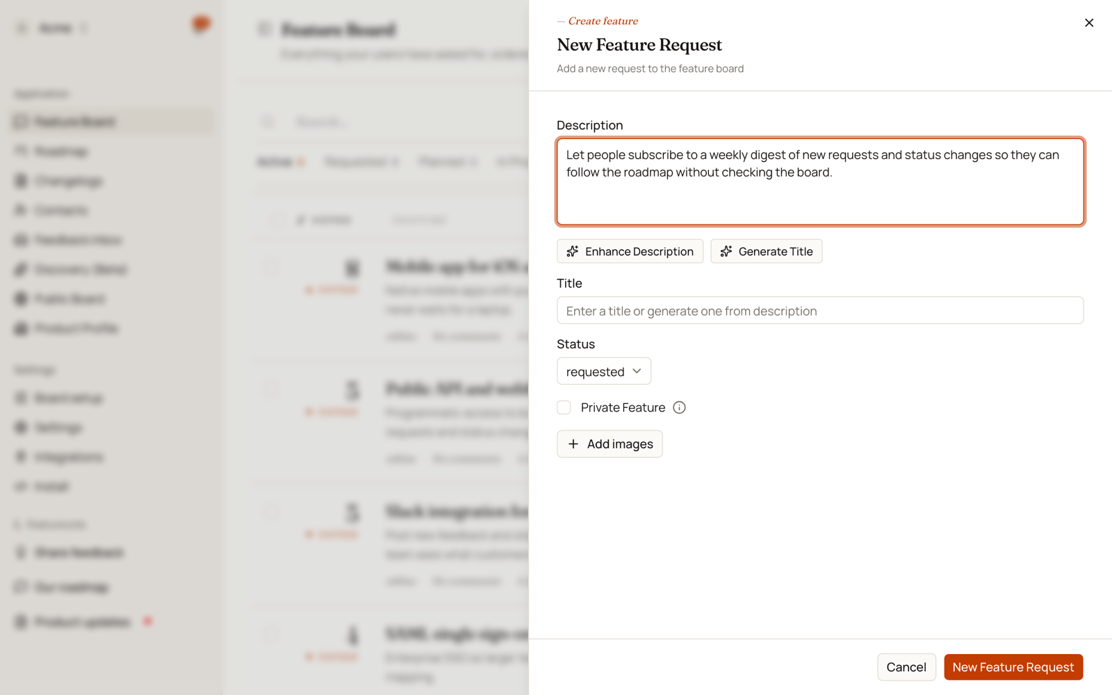 The New Feature Request panel with a description typed and the Enhance Description and Generate Title actions showing