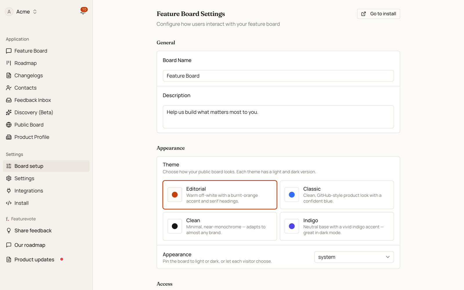The Board setup tab in the FeatureVote dashboard, showing general, appearance and access settings
