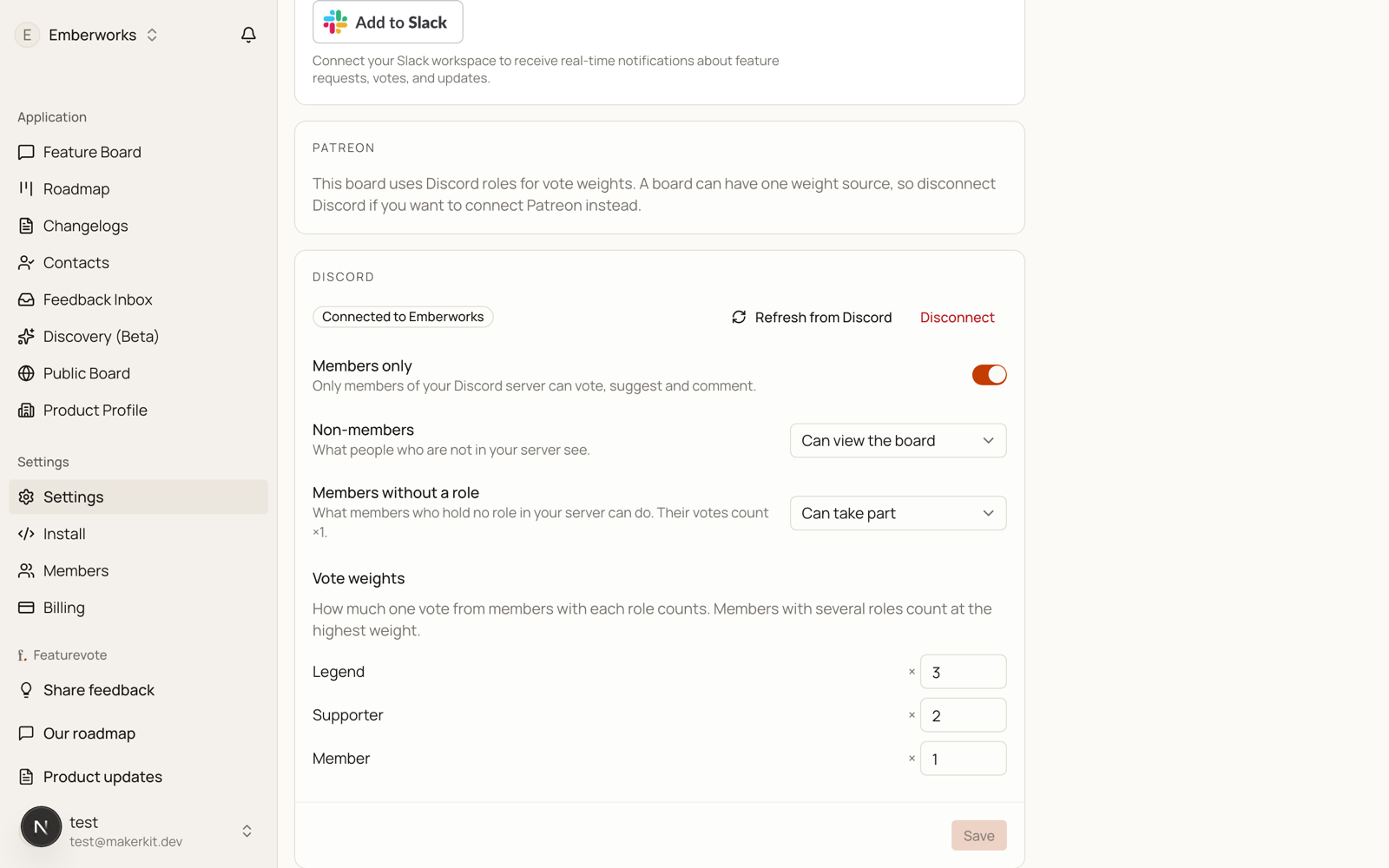 The Discord card on the Integrations page, connected to a server, with the Members only toggle, the Non-members and Members without a role dropdowns, and per-role vote weight inputs