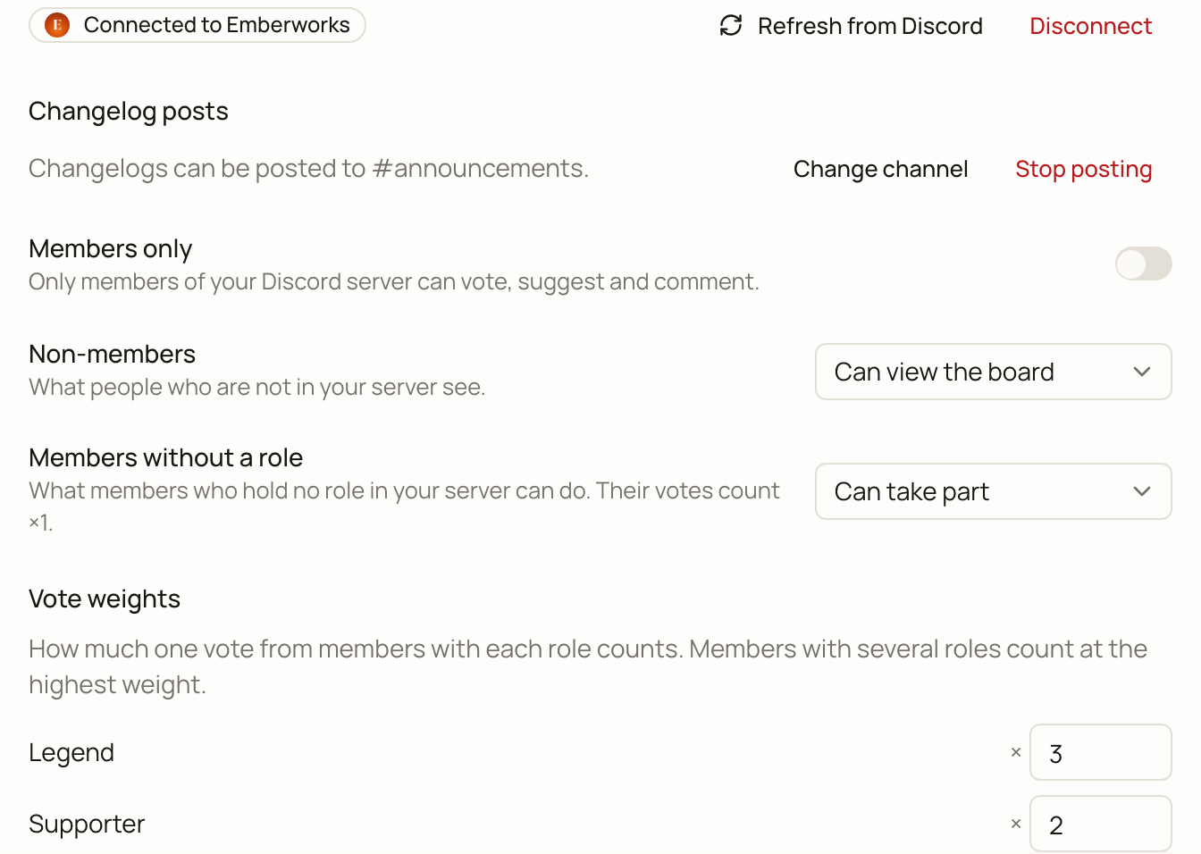 The connected Discord card with the Changelog posts row: Changelogs can be posted to #announcements, with Change channel and Stop posting