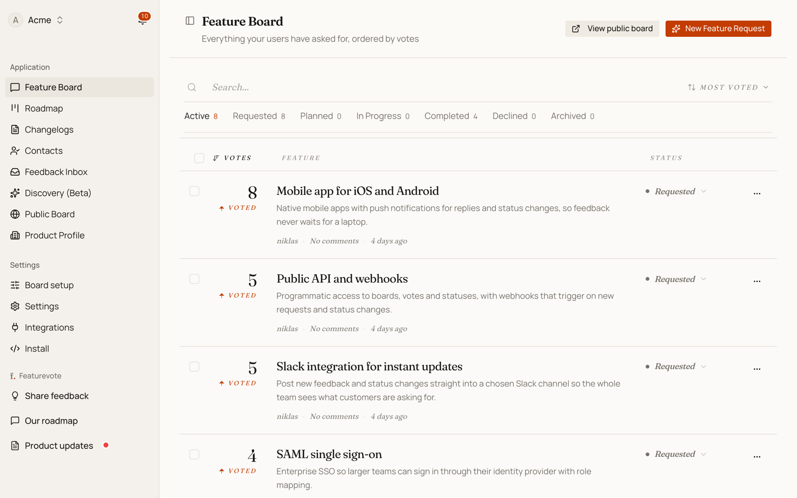 The admin feature list showing requests with vote counts and per-row status menus