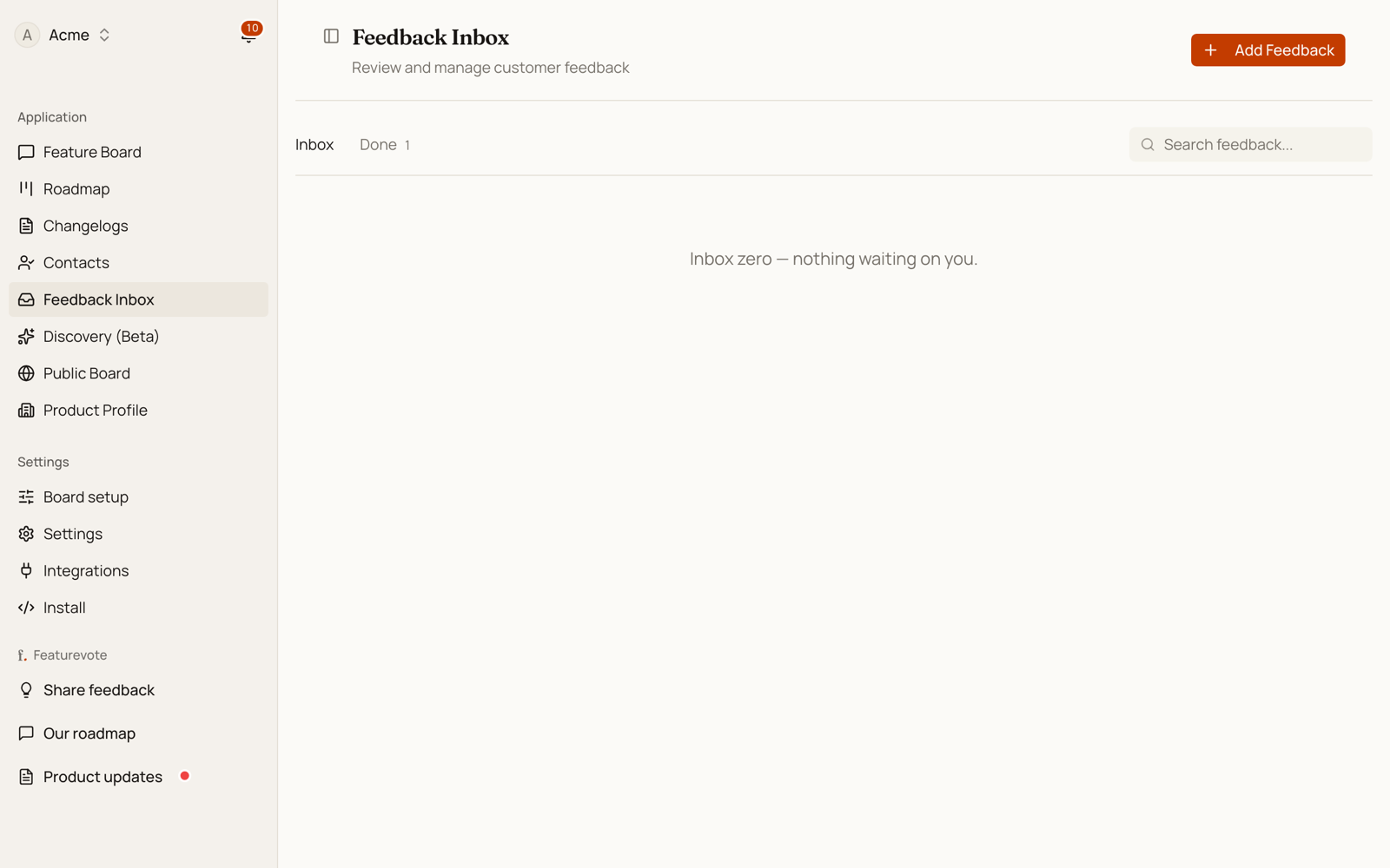 The Feedback Inbox listing submitted feedback with status labels