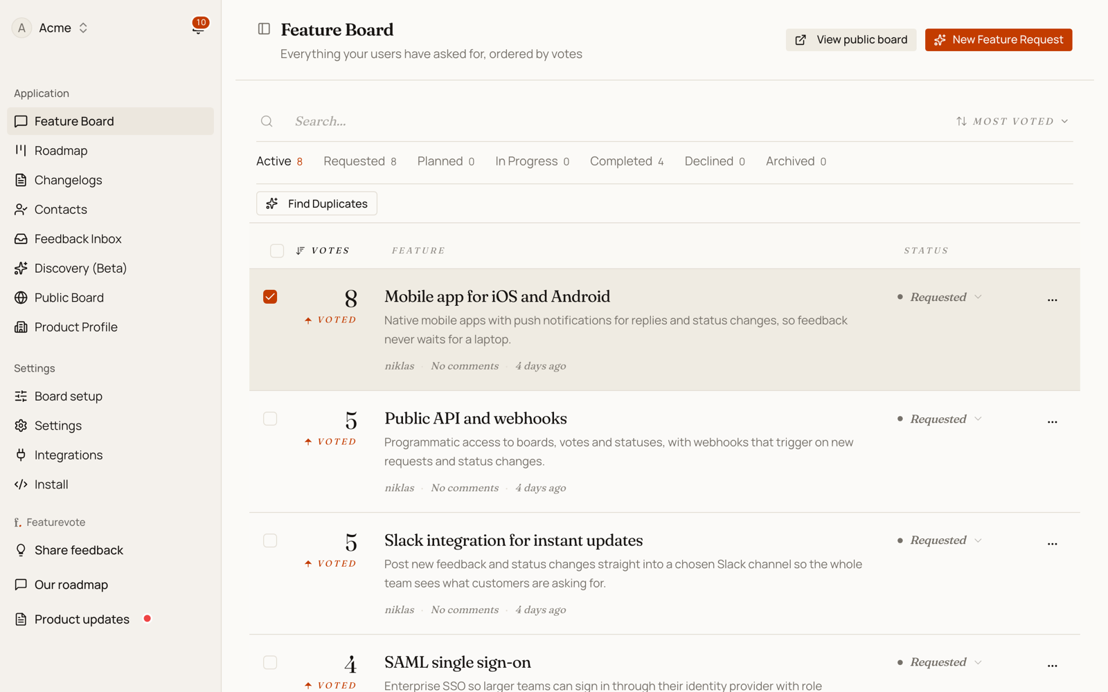 The Find Duplicates action appearing above the feature list after one request is selected