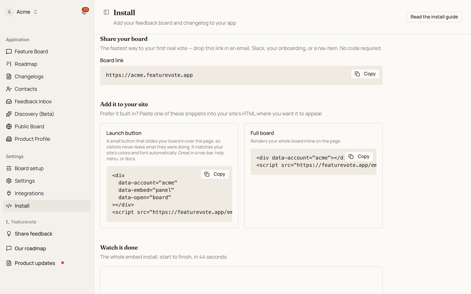 The Install page in the FeatureVote dashboard, with copy-paste snippets for the link, launch button and full board embed