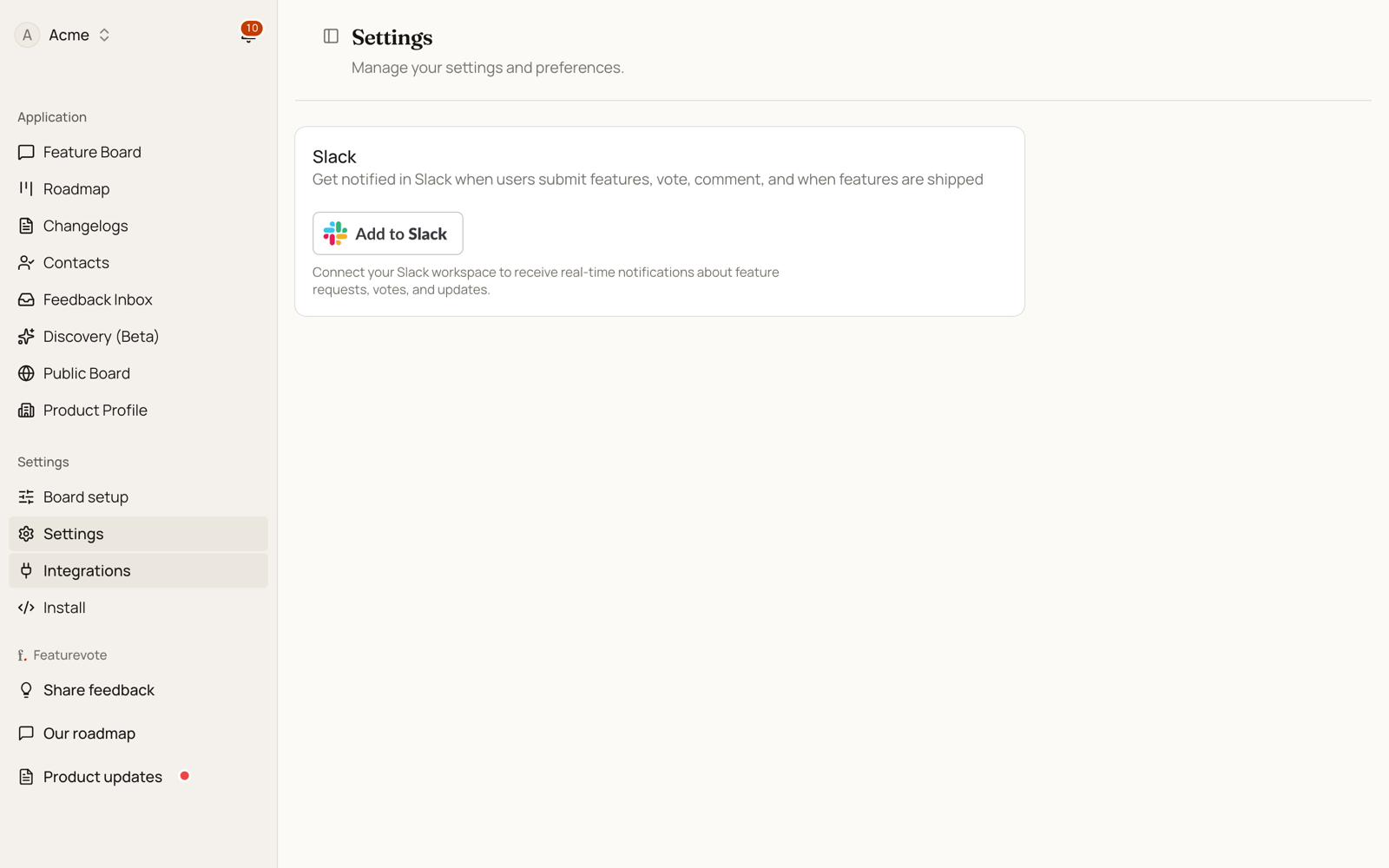 The Integrations settings page showing the Slack card with an Add to Slack button