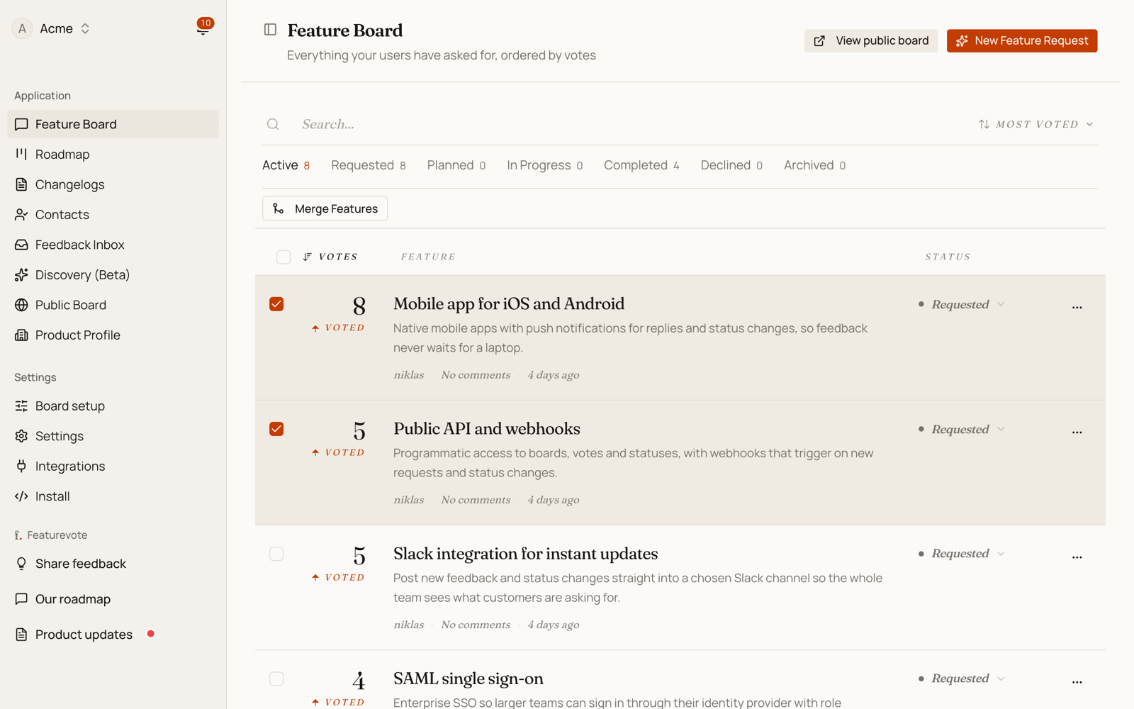 The Merge Features action appearing above the feature list after two requests are selected