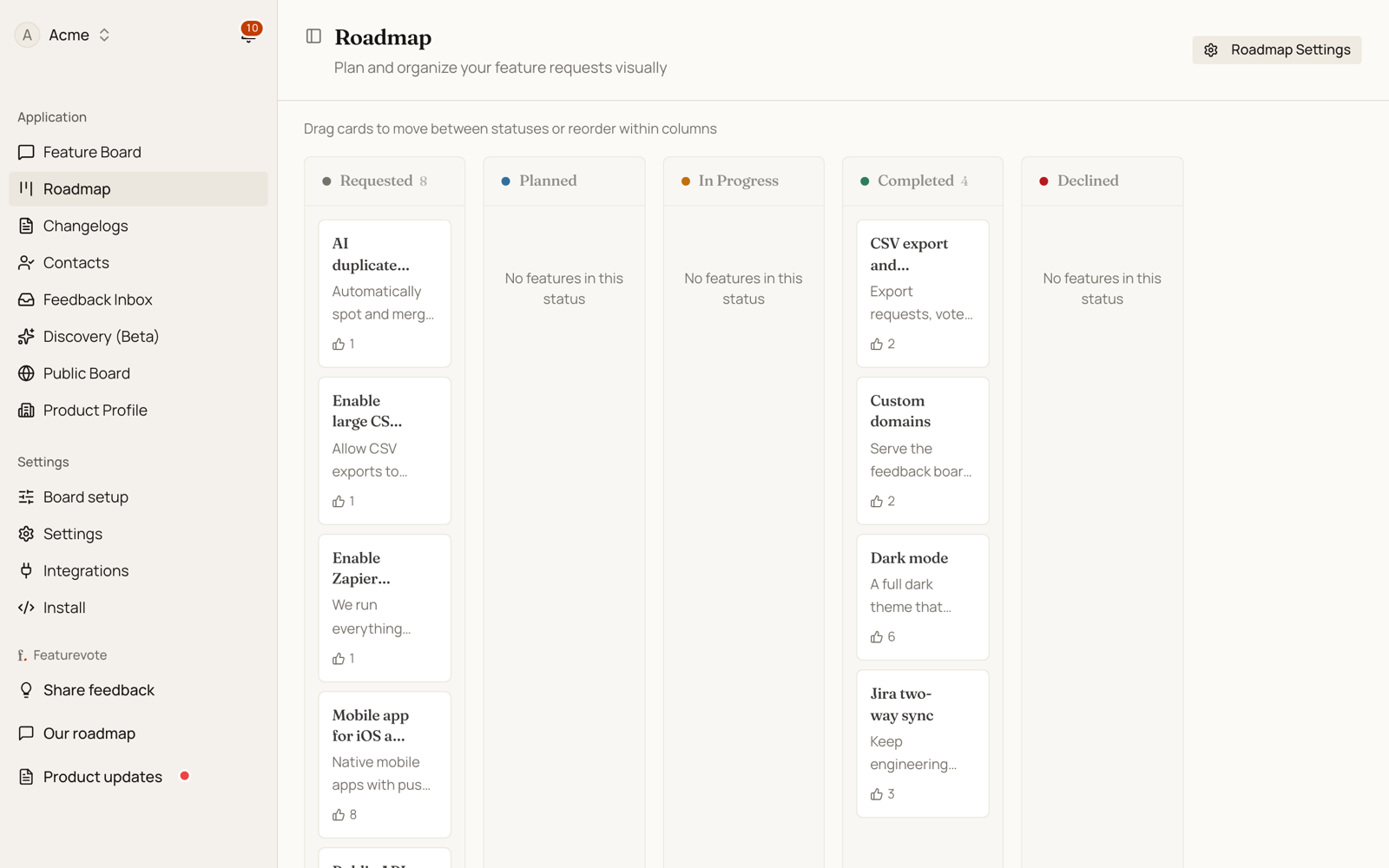 The admin roadmap board with requests arranged in draggable status columns