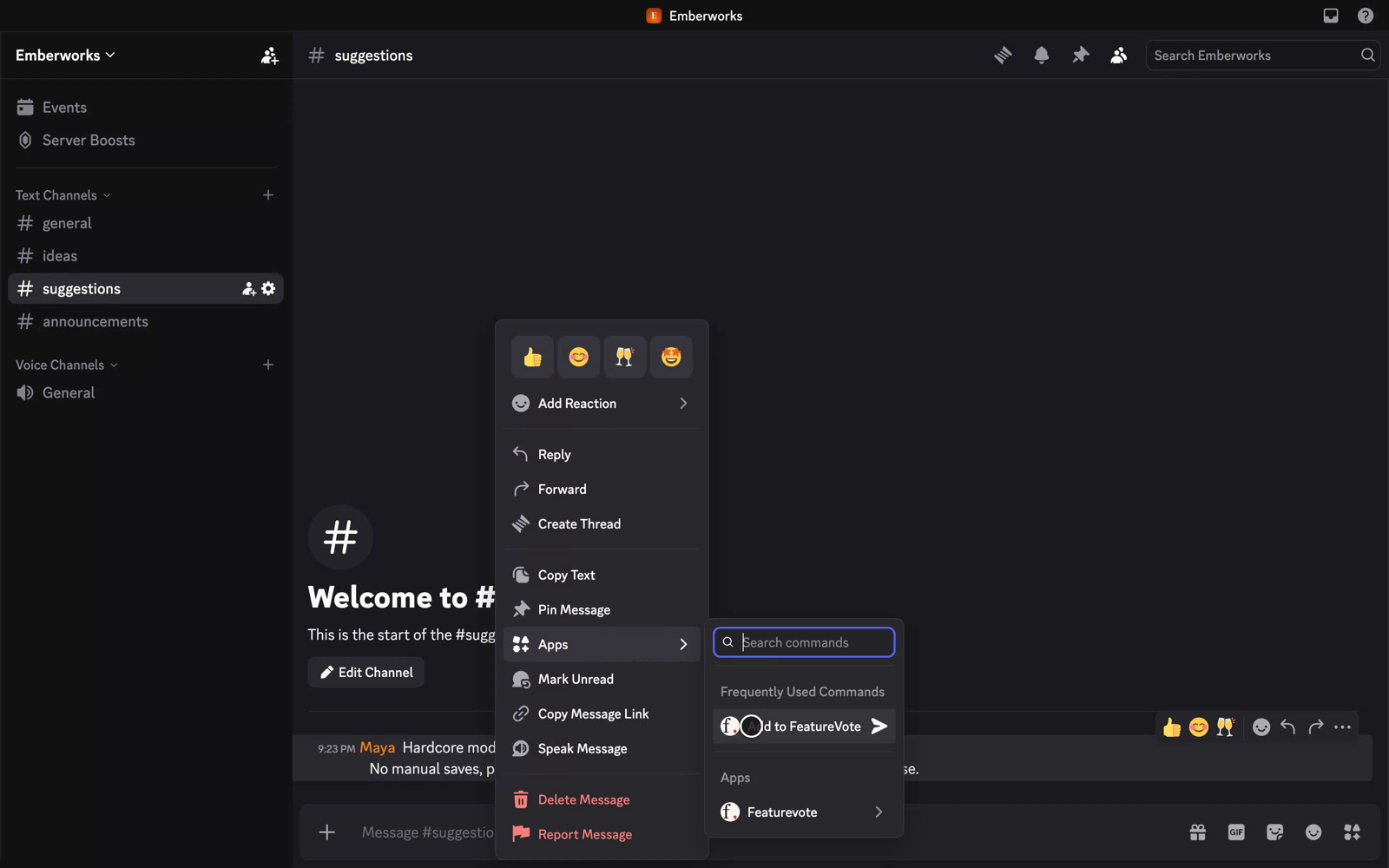 A Discord message's right-click menu with Apps open and Add to FeatureVote highlighted