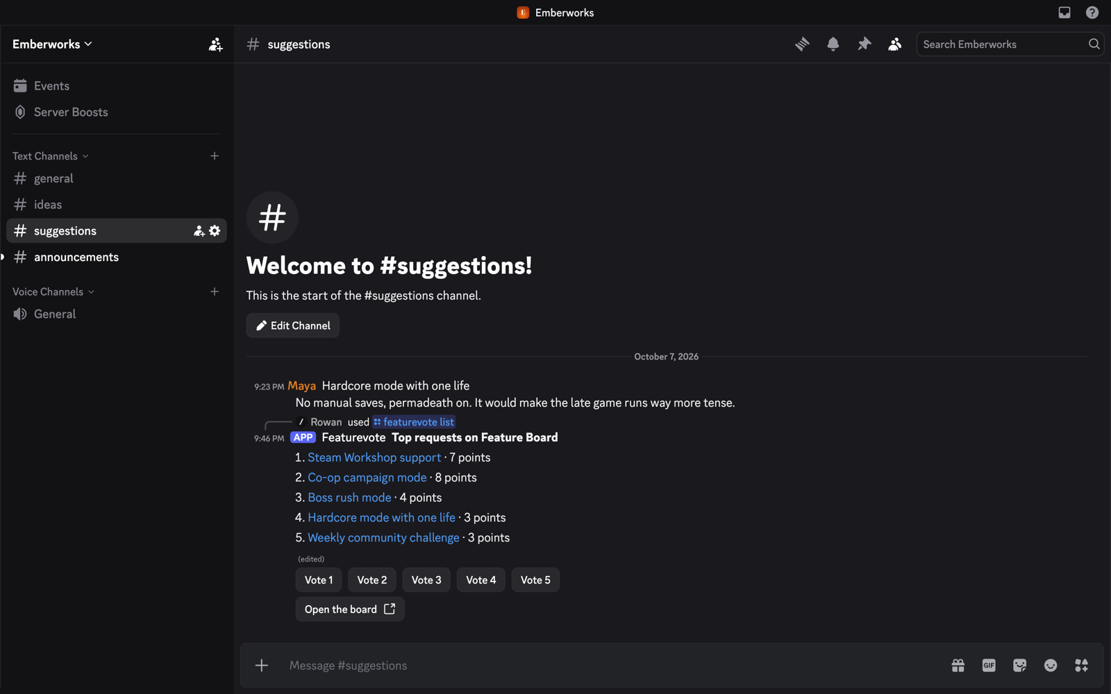 A list posted in a Discord channel by the Featurevote bot, showing the top five requests with their points, a Vote button for each, and a link to open the board