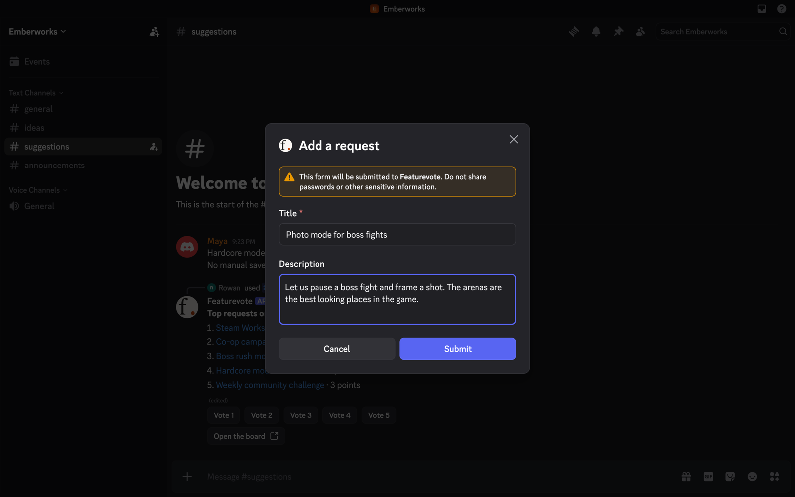 The Add a request form in Discord, with a title and a description filled in by a member