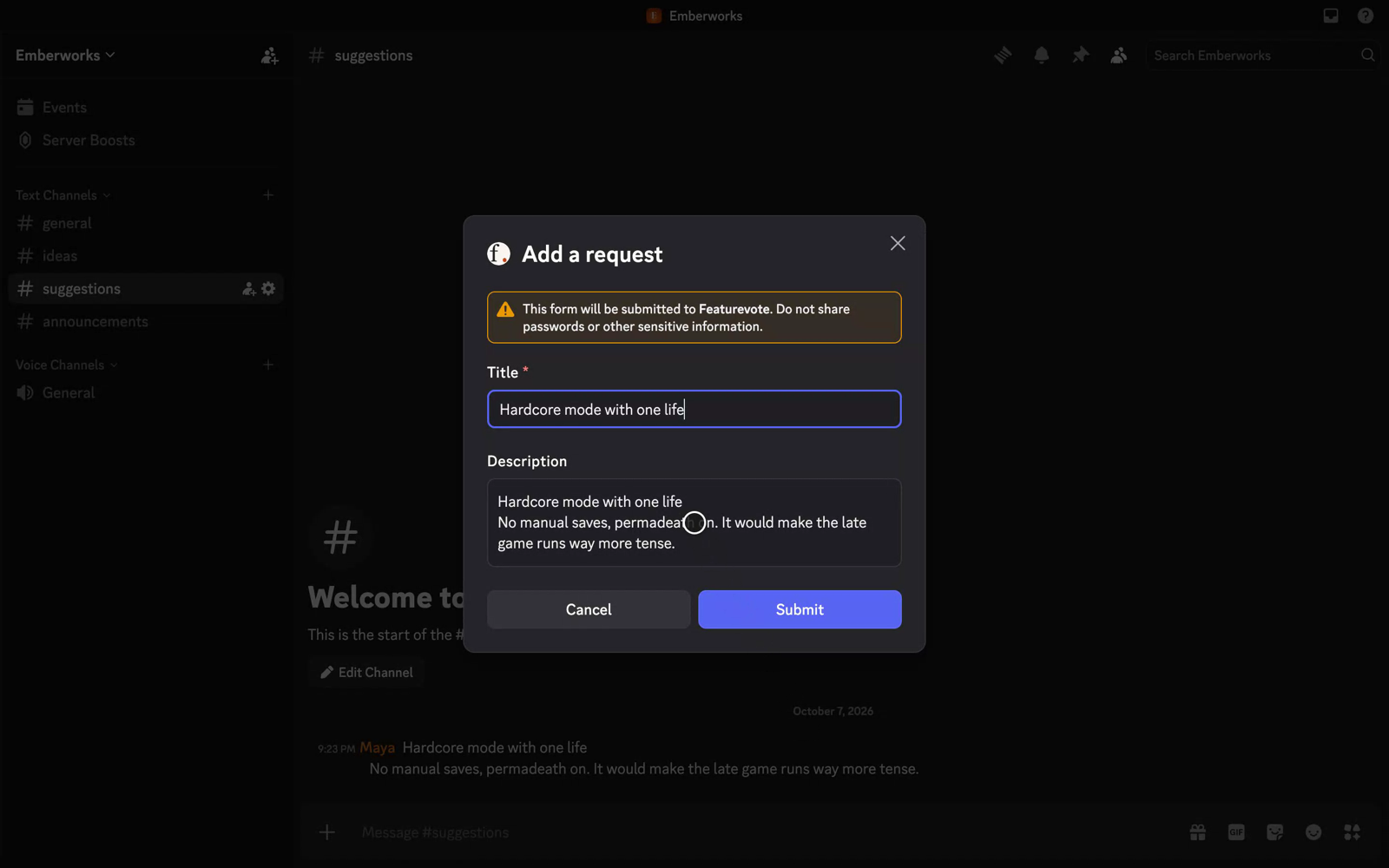 The Add a request form filled in from a chat message: the first line as the title and the whole message as the description