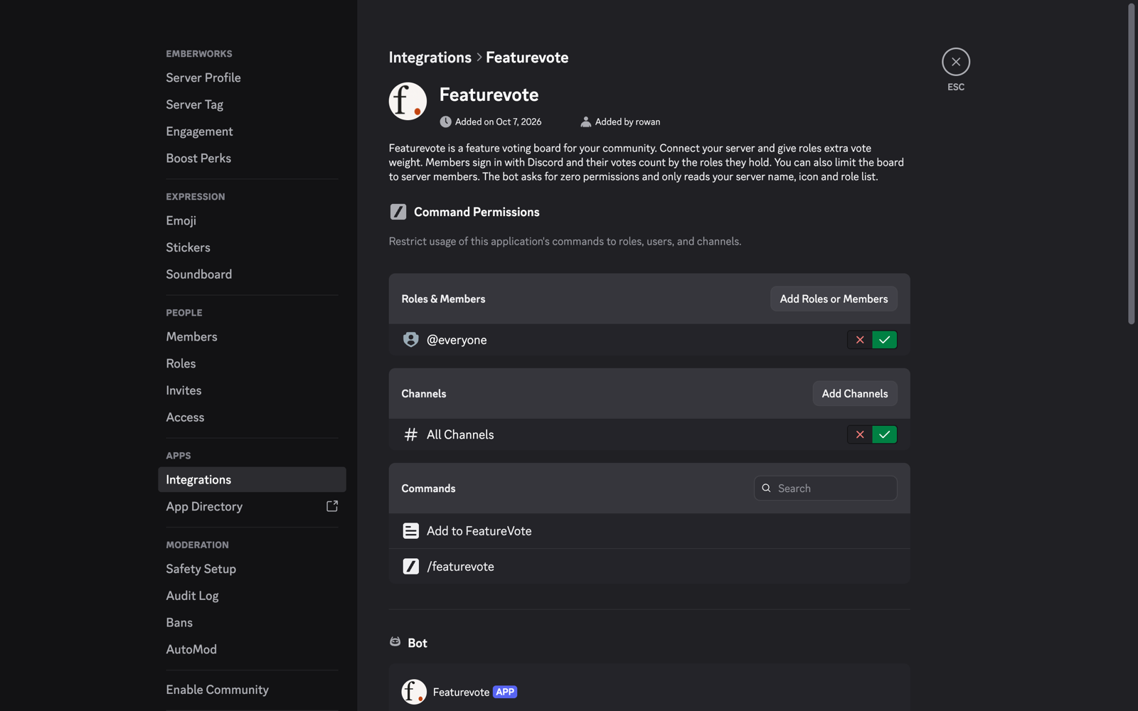 Discord Server Settings, Integrations, Featurevote: Command Permissions with @everyone and All Channels allowed, and the commands Add to FeatureVote and /featurevote