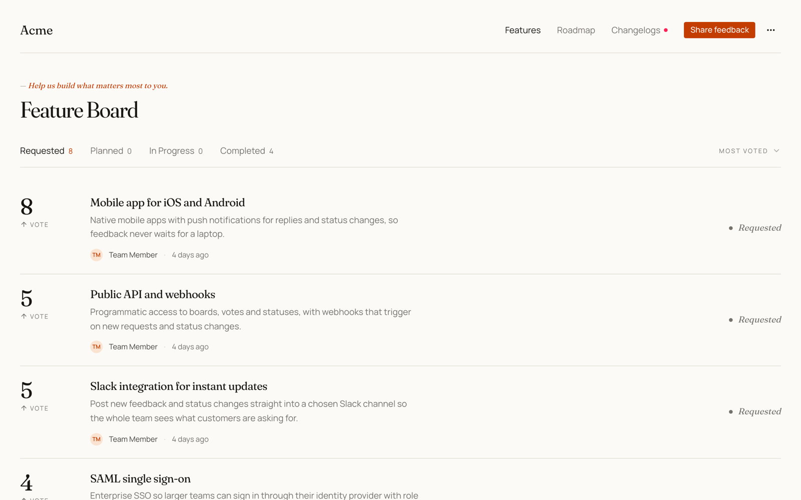 A public feature board listing requests sorted by vote count, with Requested, Planned, In Progress and Completed tabs