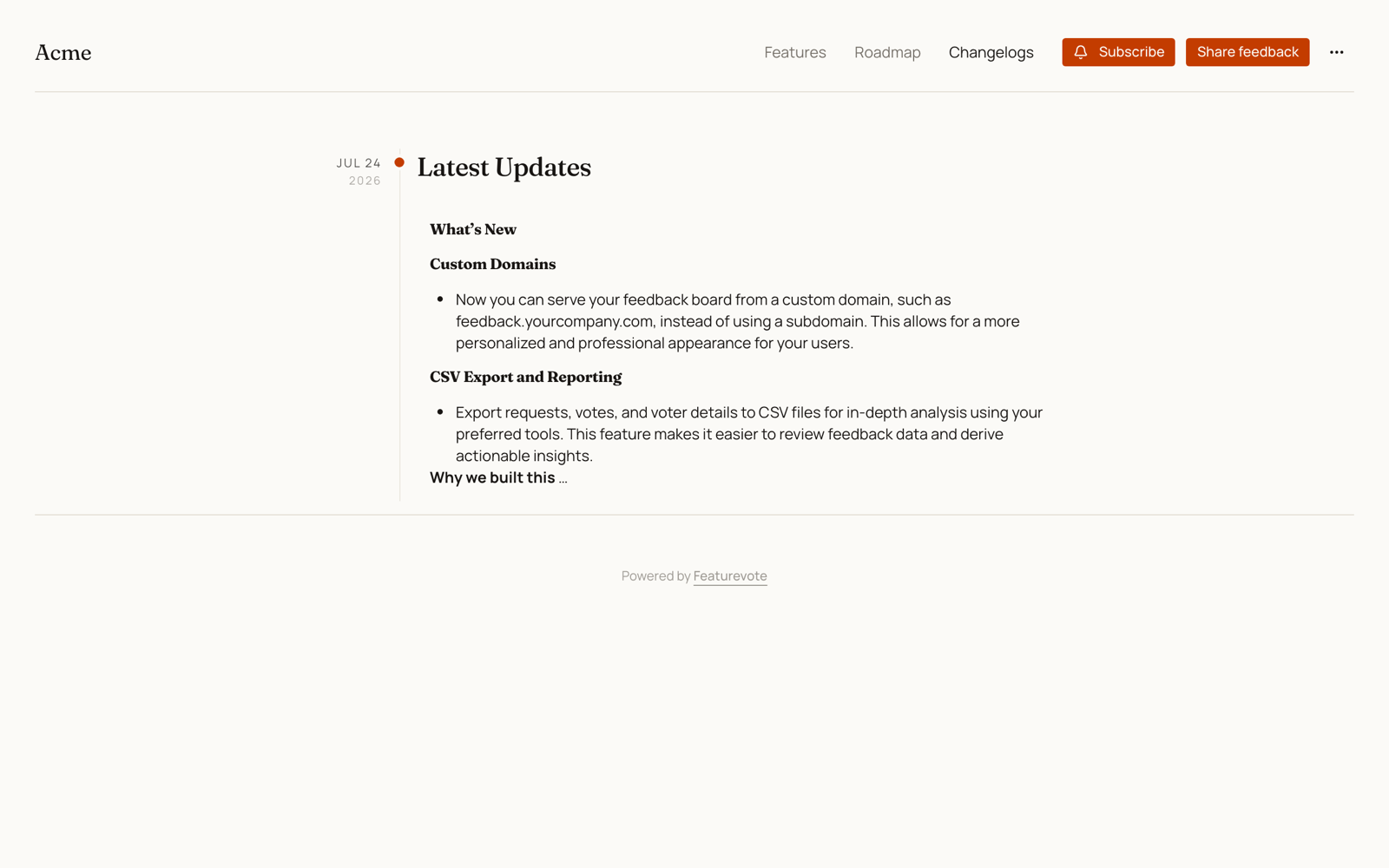 The public changelog tab showing published entries in reverse chronological order