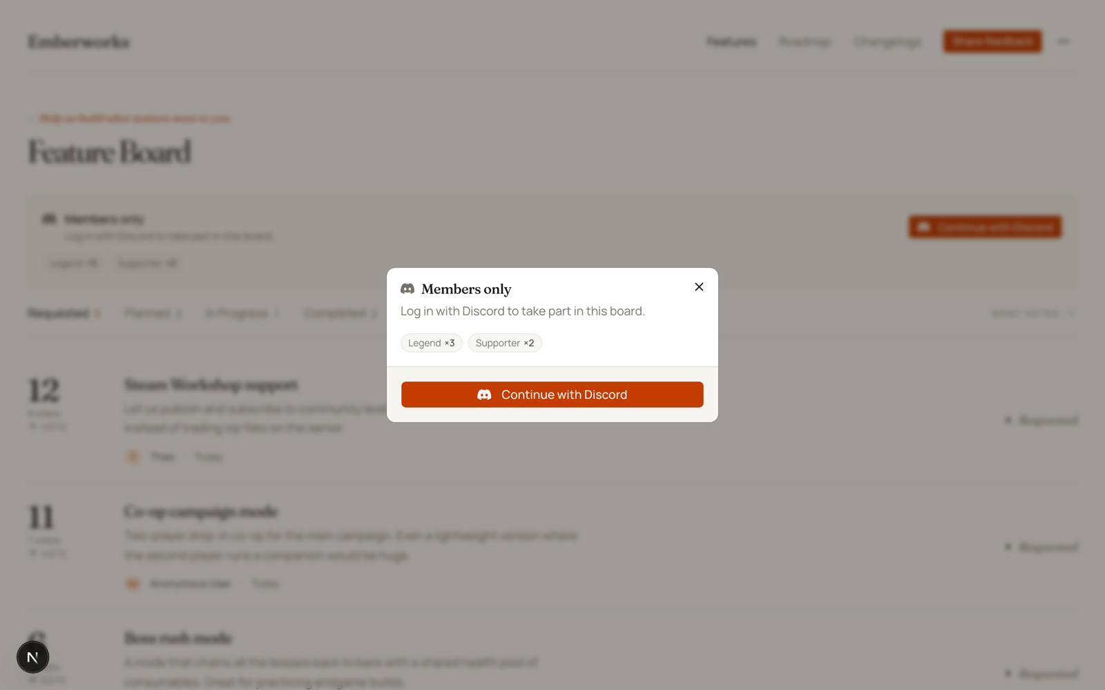 A dialog titled Members only over a dimmed board, showing the role weights and a Continue with Discord button
