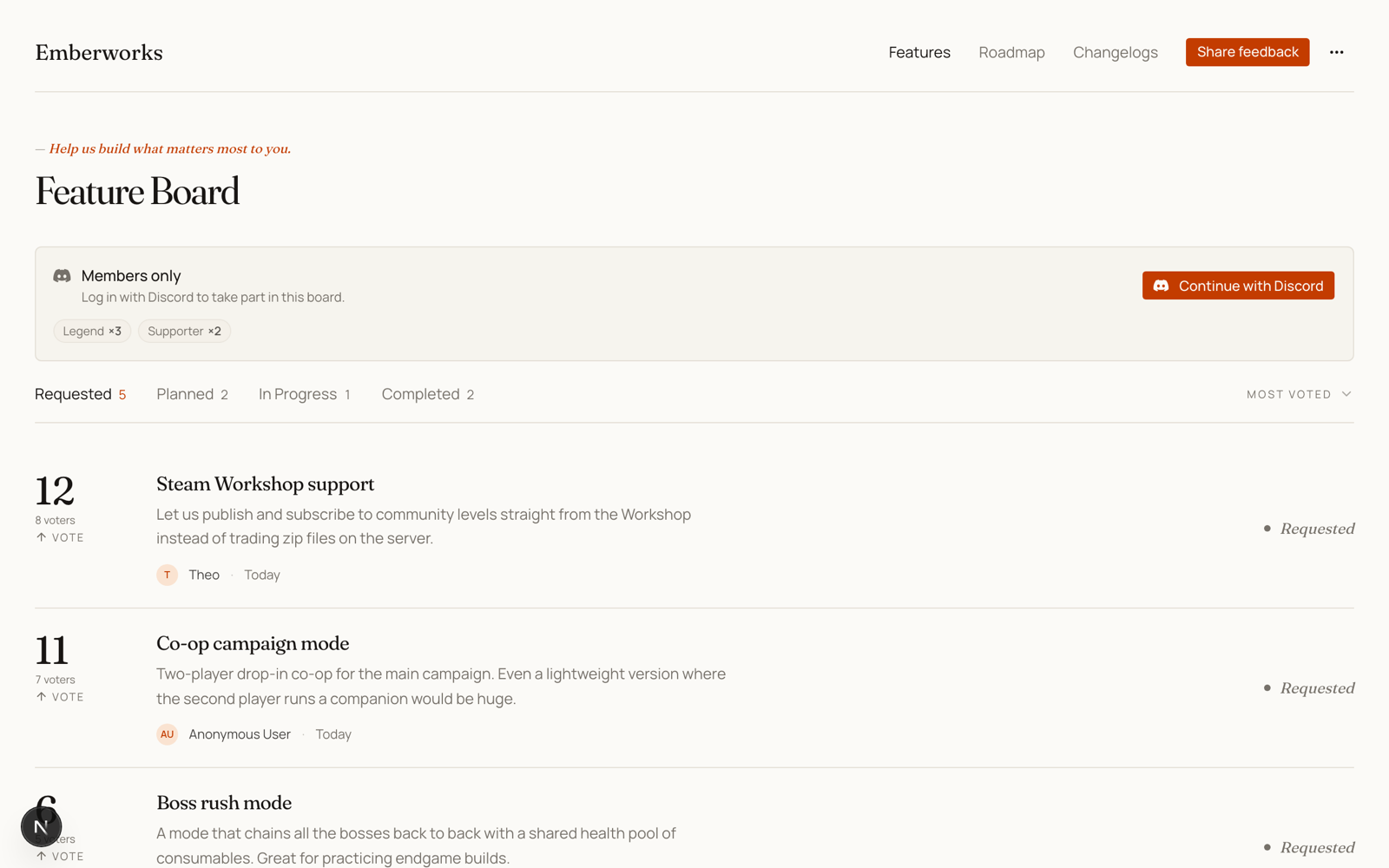A public board with the Members only panel: role weight pills and a Continue with Discord button, with the request list readable below