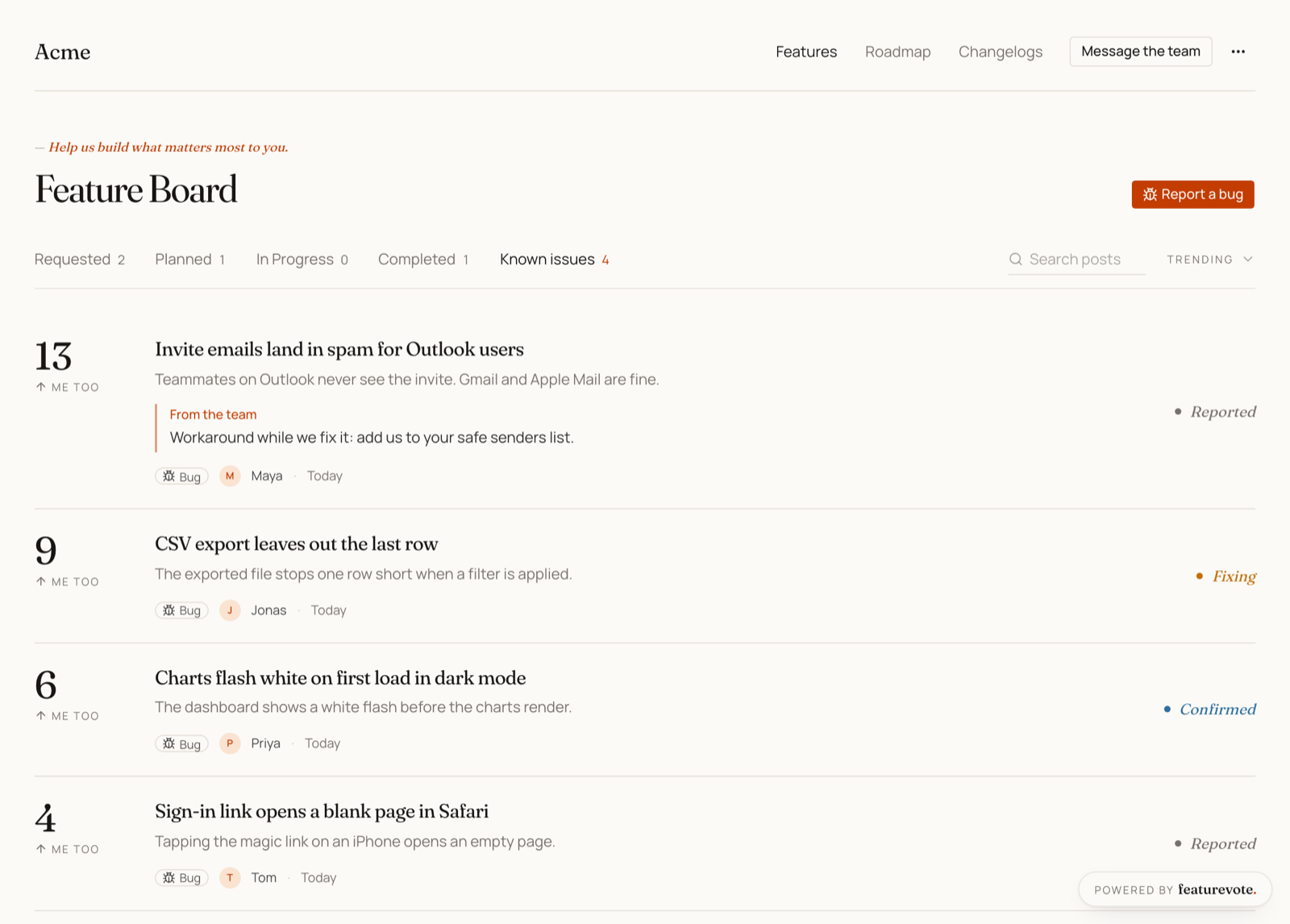 The Known issues tab on a Feedback Portal, after Requested, Planned, In Progress and Completed. A Report a bug button sits across from the board title, and each bug card has a Bug tag, a Me too count and a stage such as Reported, Confirmed or Fixing. The first card shows a workaround under From the team.