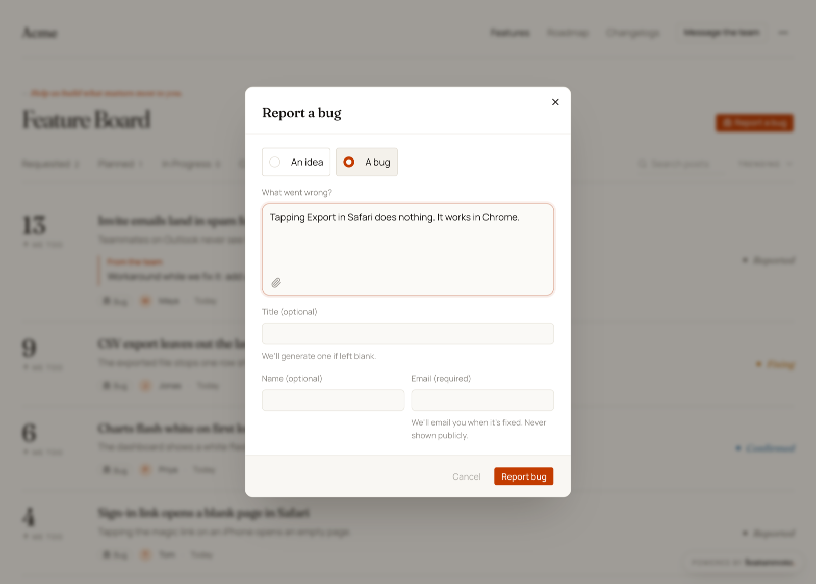 The Report a bug form over the board, with A bug picked over An idea, a What went wrong? field, an optional title, a name and email, and a Report bug button