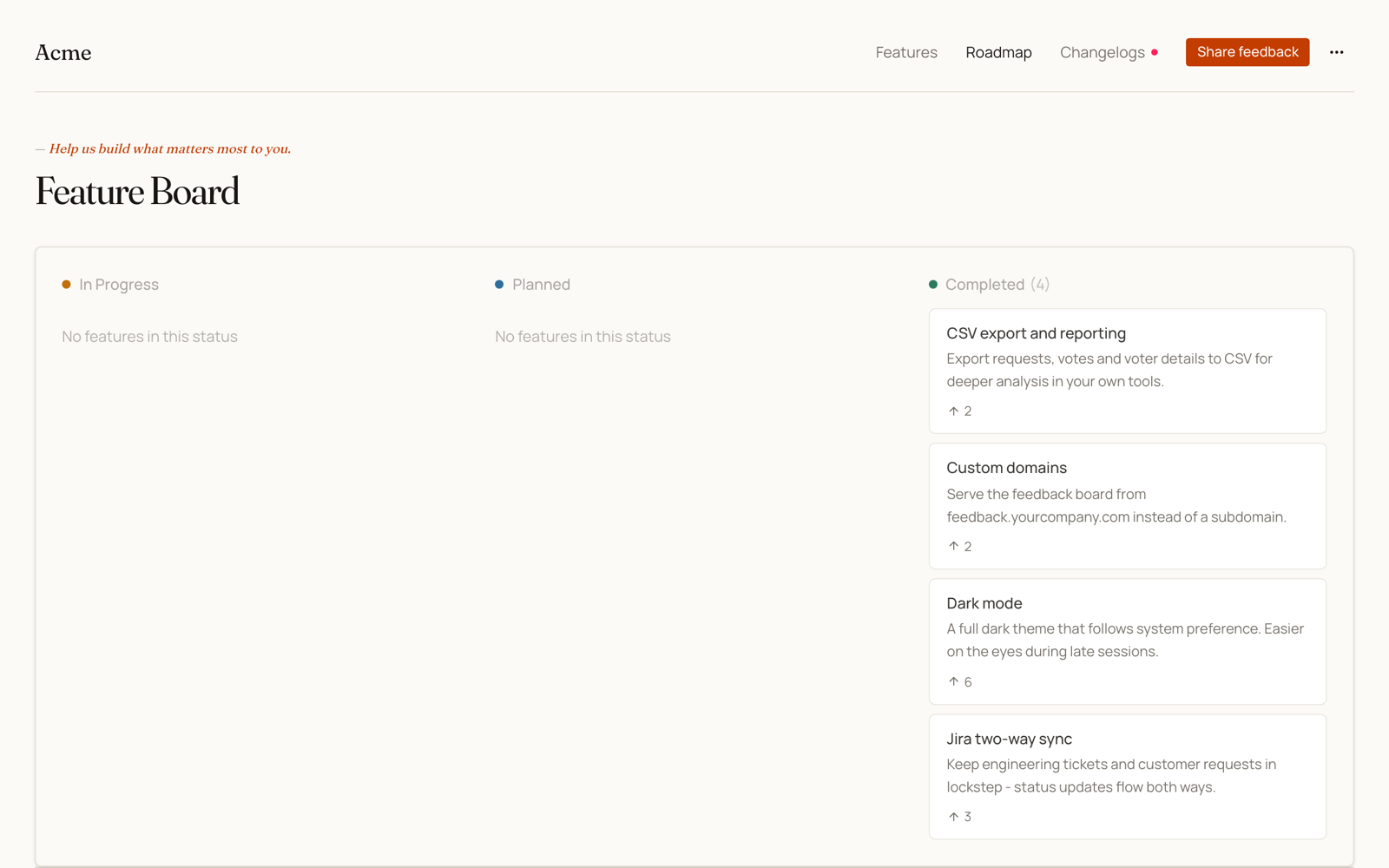 The public roadmap tab, with requests grouped into Planned, In Progress and Done columns