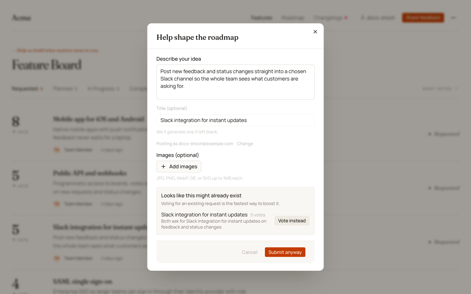 A visitor submission showing the looks-like-this-might-already-exist panel, with one matched request, its vote count, why it matched, a Vote instead button, and the submit button relabelled Submit anyway